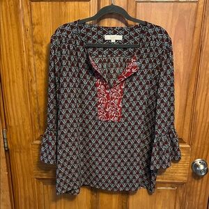 LOFT Red and Black Patterned V-Neck Tunic